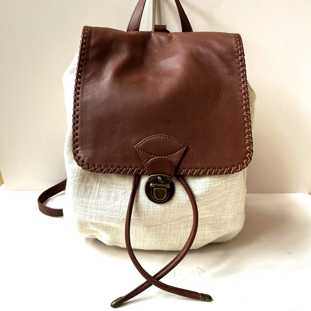 Coldwater Creek Brown Leather and Cream Cotton Backpack/Crossbody Bag